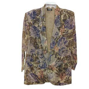 Vintage 1980s Satin Floral Blazer L Brown Purple Oversized Cottagecore